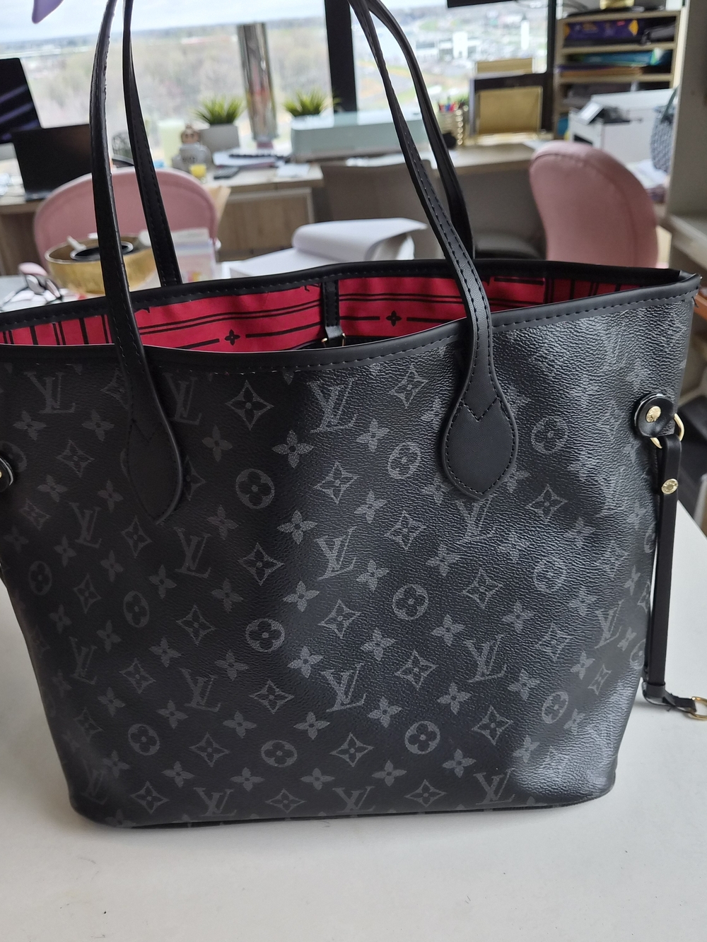 Louis Vuitton Neverfull Large Tote in Black Monogram Eclipse with Red Interior